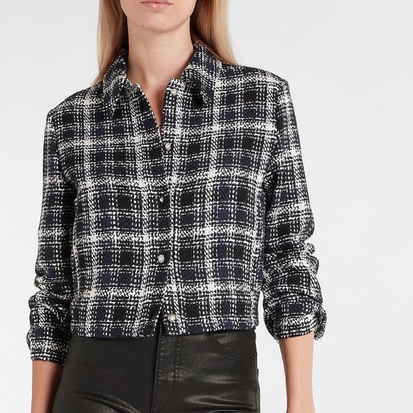 Express Jackets & Blazers - Express Cropped Tweed Embellished Shirt Jacket